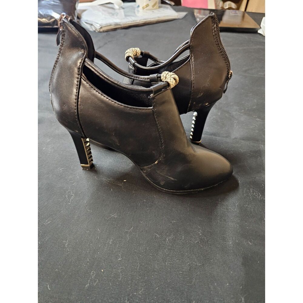 Black Faux Leather Studded Heel Ankle Booties - Back Zip